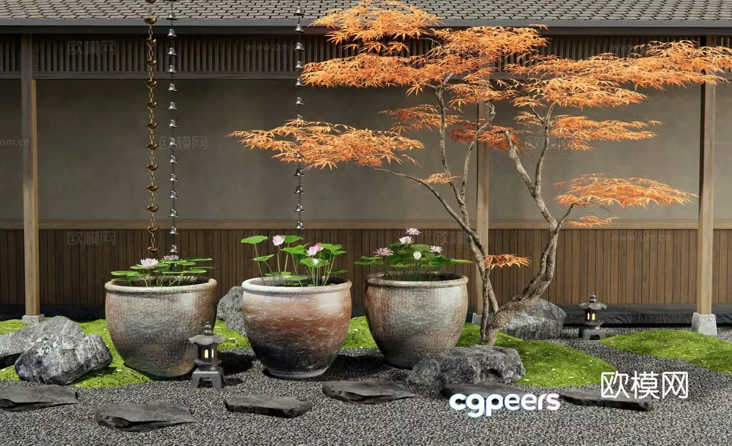 New Chinese style courtyard sketches Water tank Lotus tank Red maple Tingbu Landscape stone Rain chain Waterscape 3D model