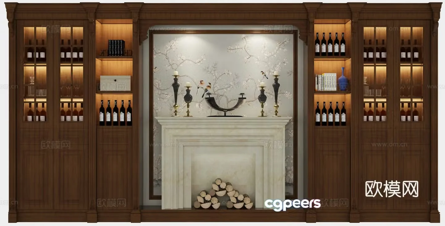 Traditional American wine cabinet fireplace combination 3D model