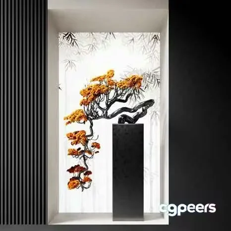 A Black And White Sculpture Of A Tree With Orange Leaves 3D Model – 4504 – CORONA Render