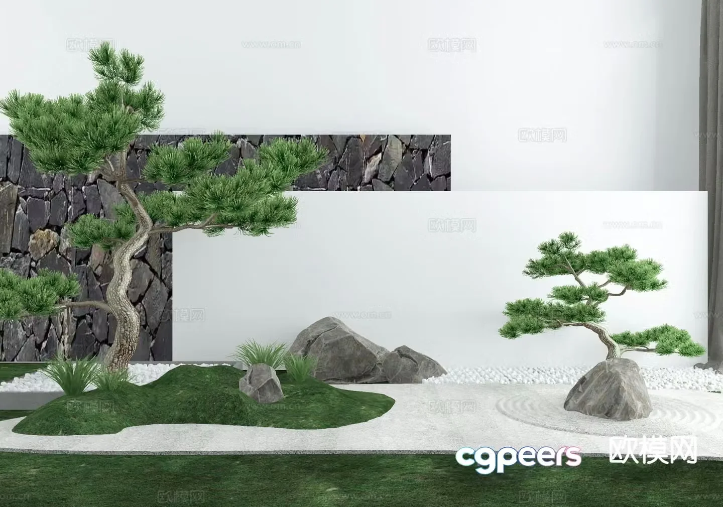 New Chinese style landscape Zen sketch rockery stone pine tree 3D model