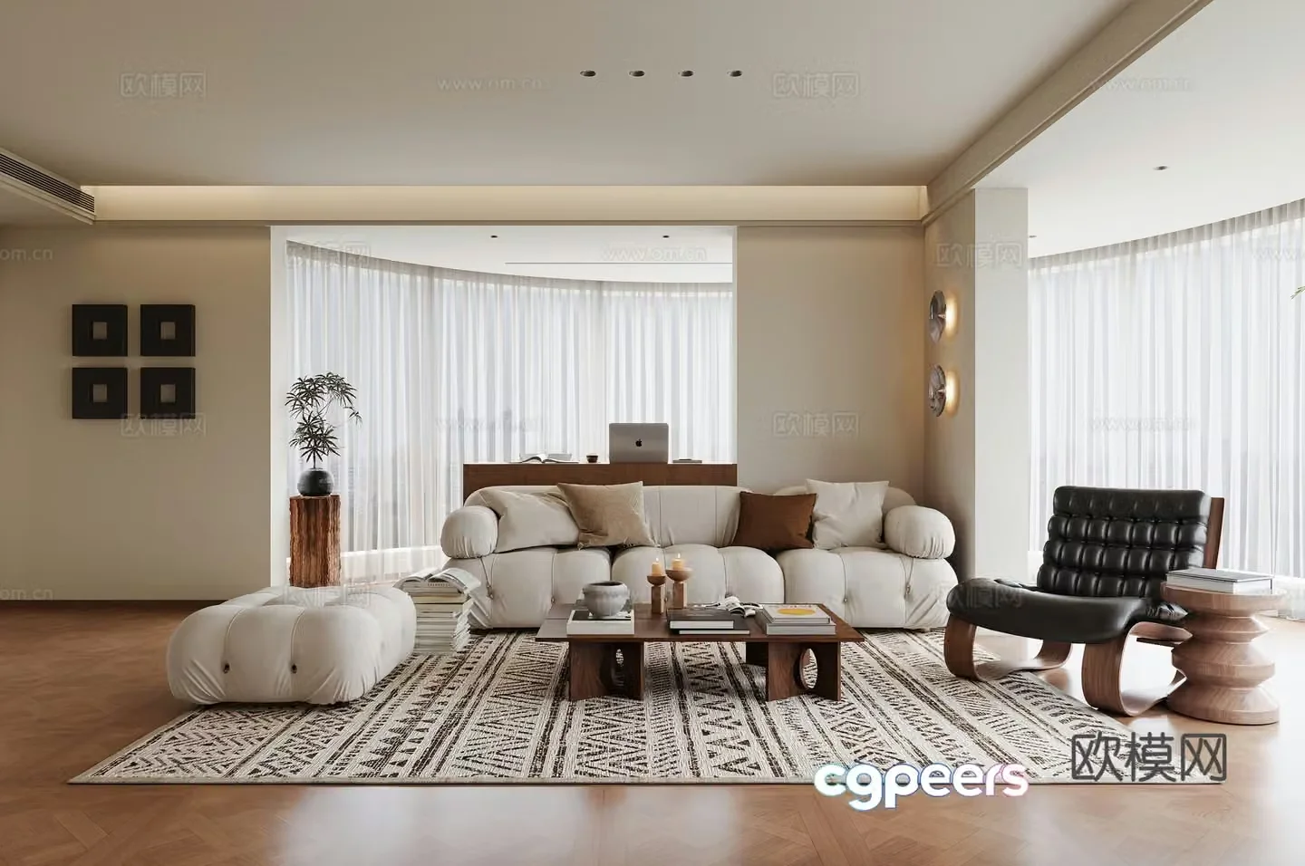 Middle style living room sofa and coffee table combination painting wall light 3D model