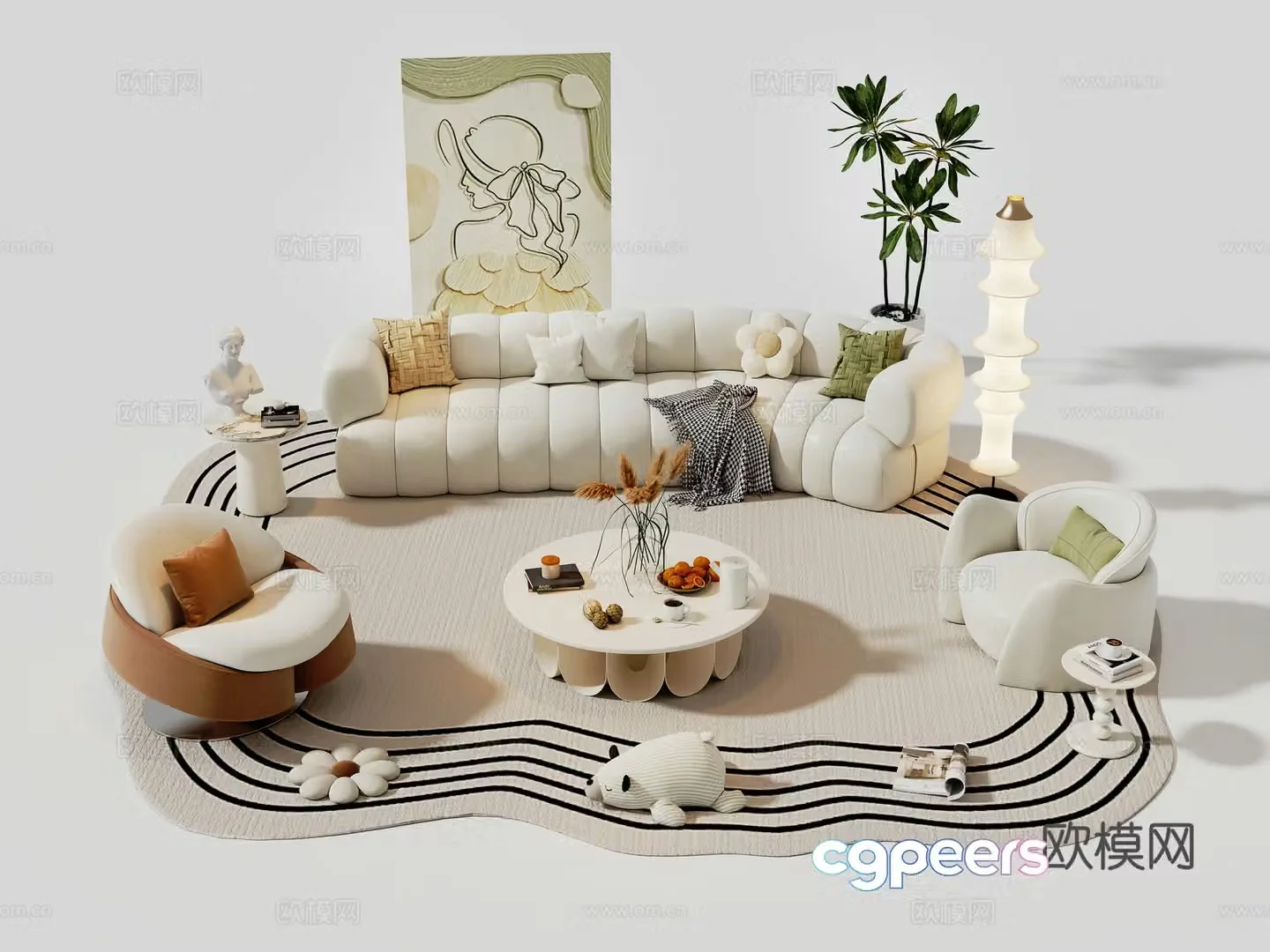 French cream sofa combination casual sofa beauty salon rest and reception area casual sofa coffee table 3D model