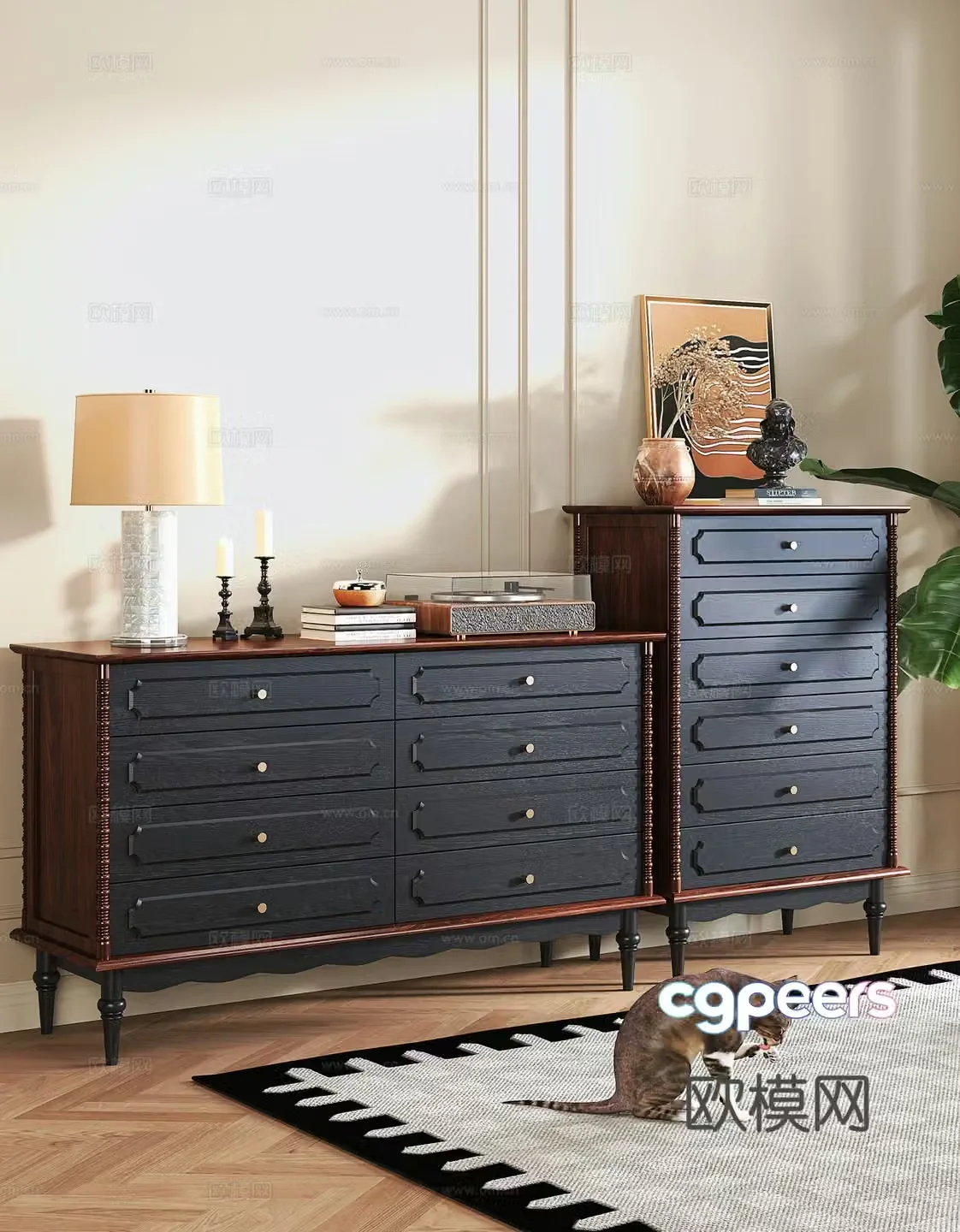 French medieval style porch side cabinet chest of drawers desk lamps decorative paintings potted green plants 3D model