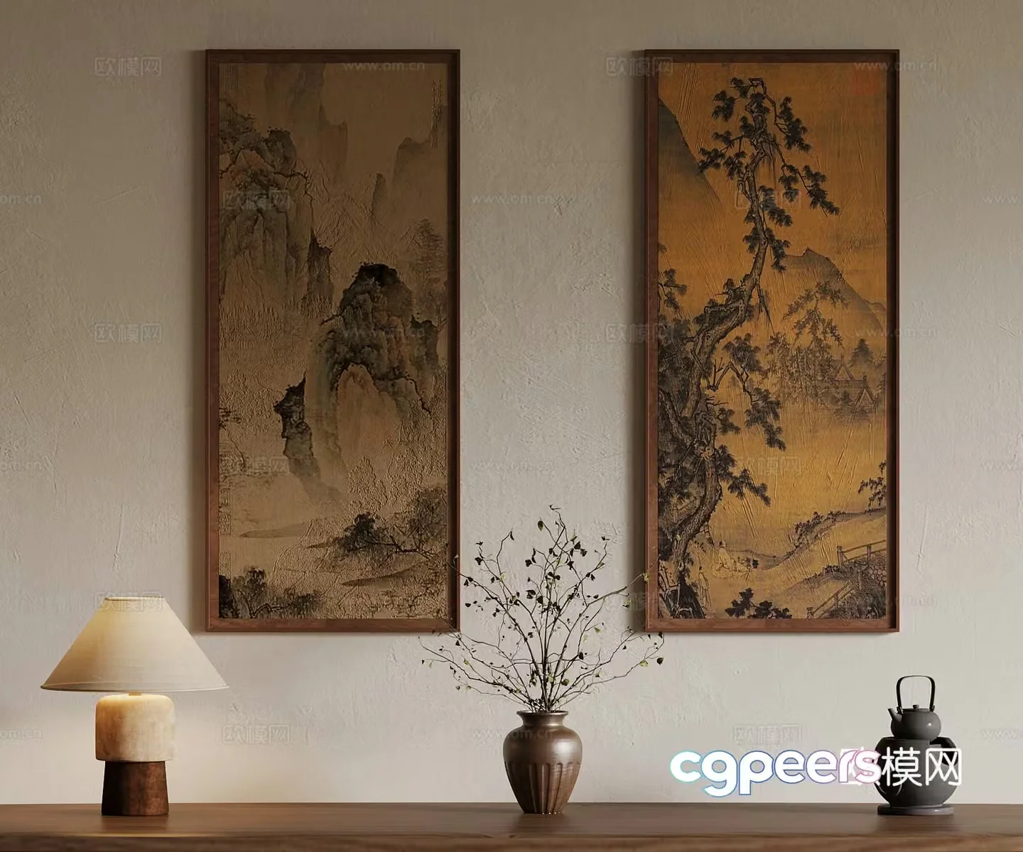33 new Chinese style hanging paintings vase desk lamp 3d model