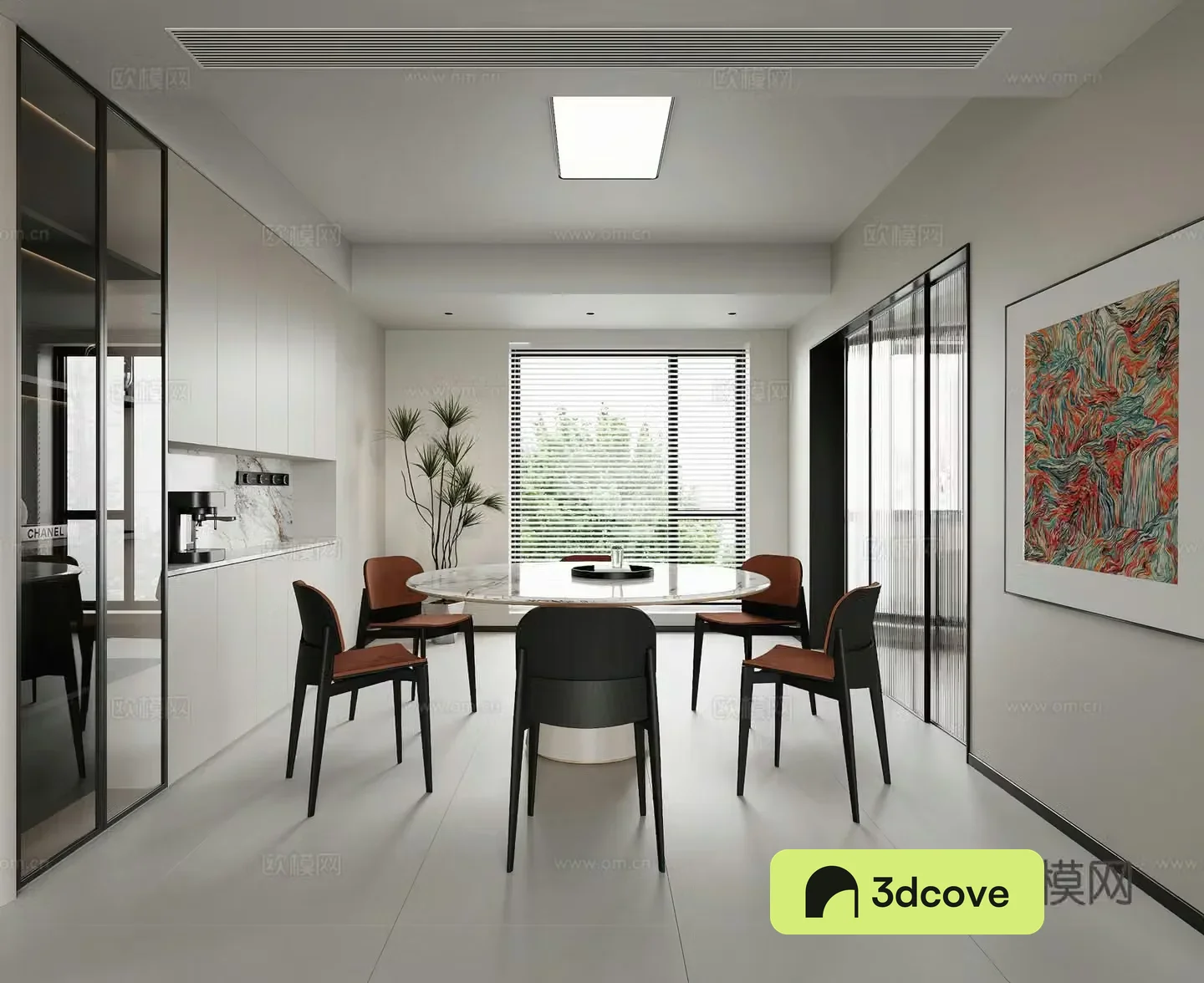 Modern restaurant Round dining table Wine cabinet Simple ceiling light Modern living restaurant Simple