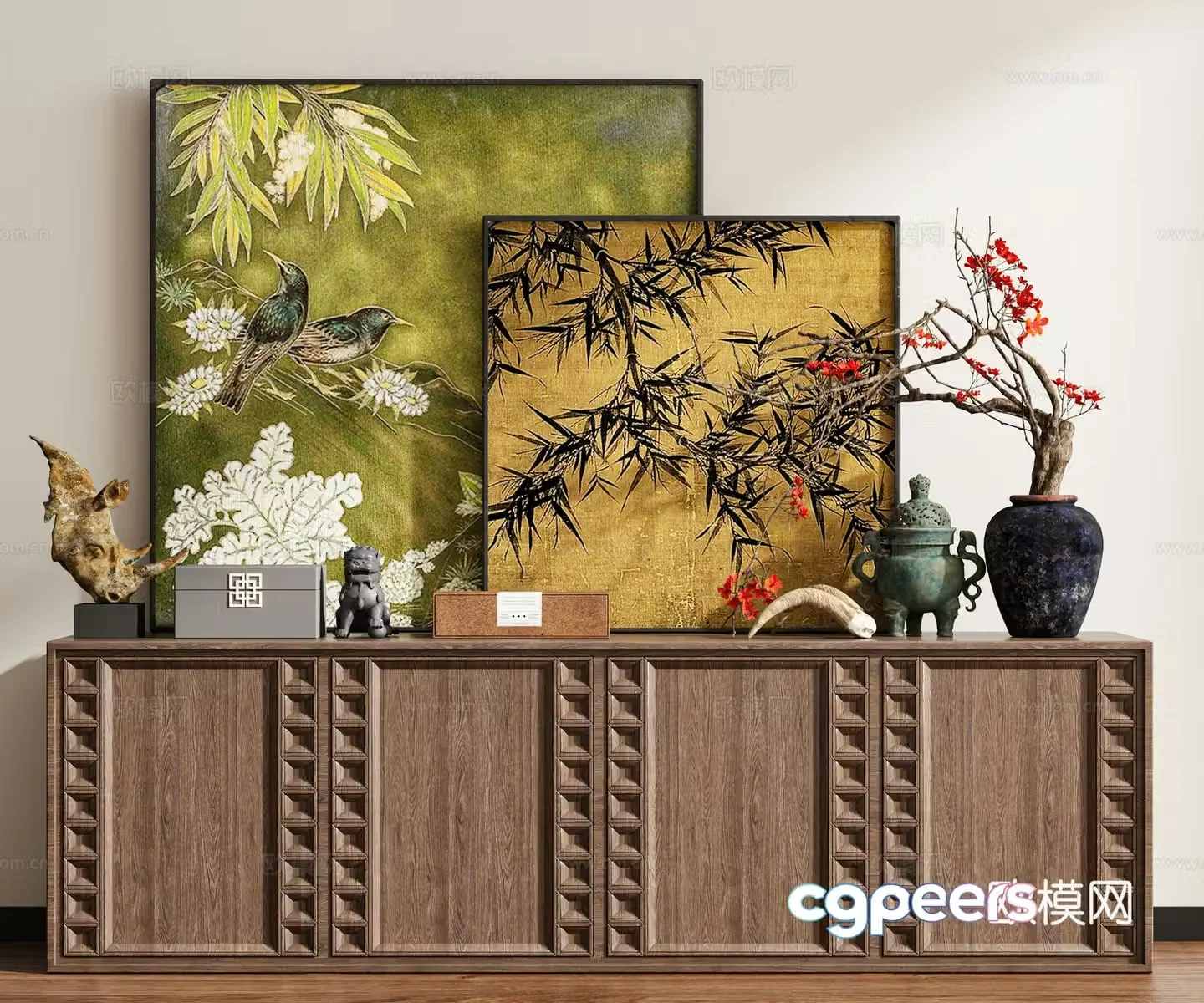 New Chinese style flower and bird paintings hanging paintings oil paintings side cabinet 3D model