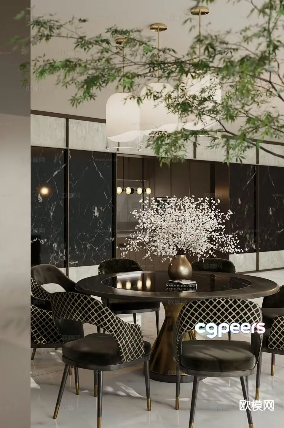 Modern dining table and chairs round dining table 3d model
