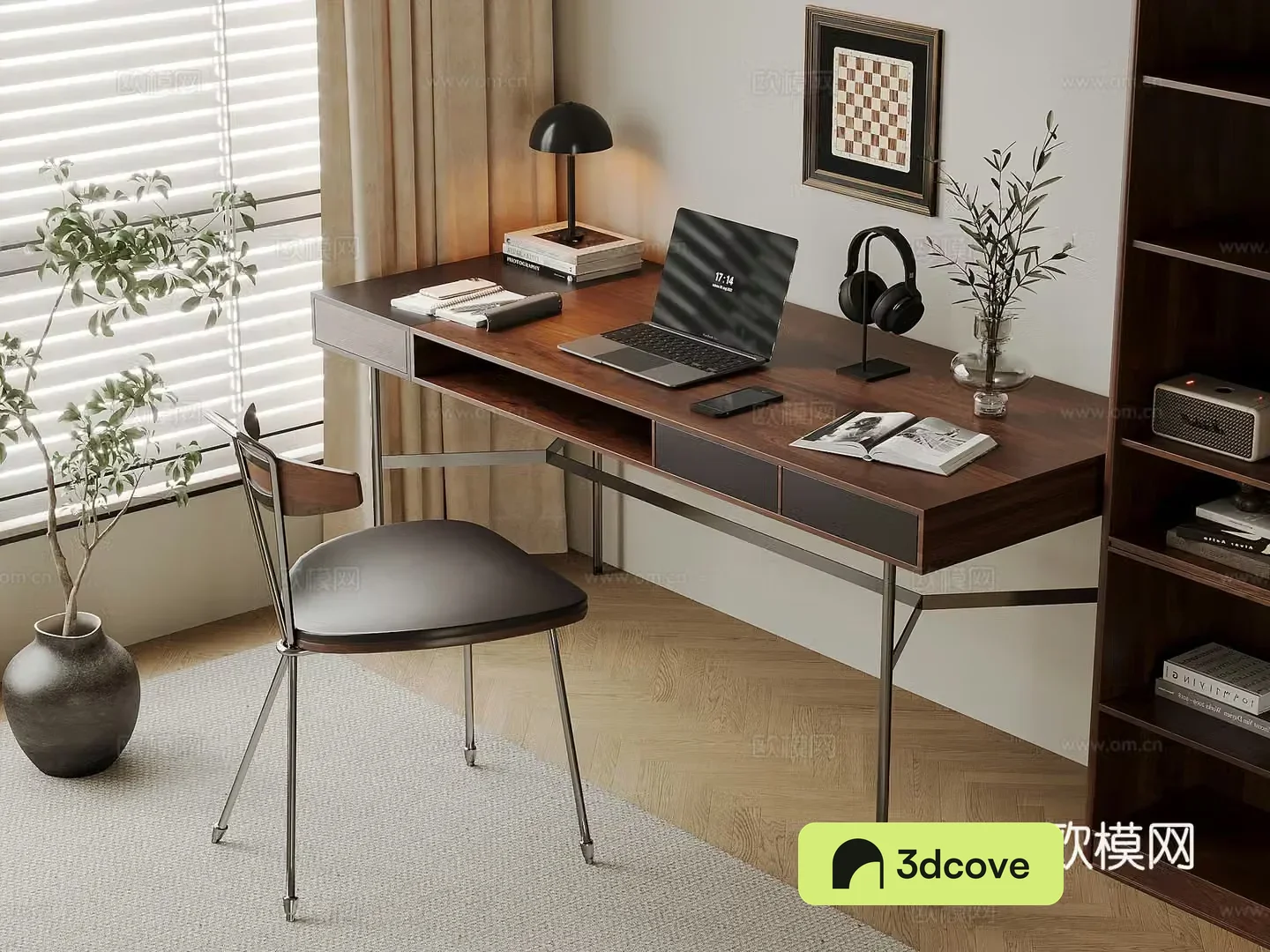 Middle-aged style desk and chair solid wood computer desk and chair writing desk study desk and chair solid wood single chair bookcase 3D model