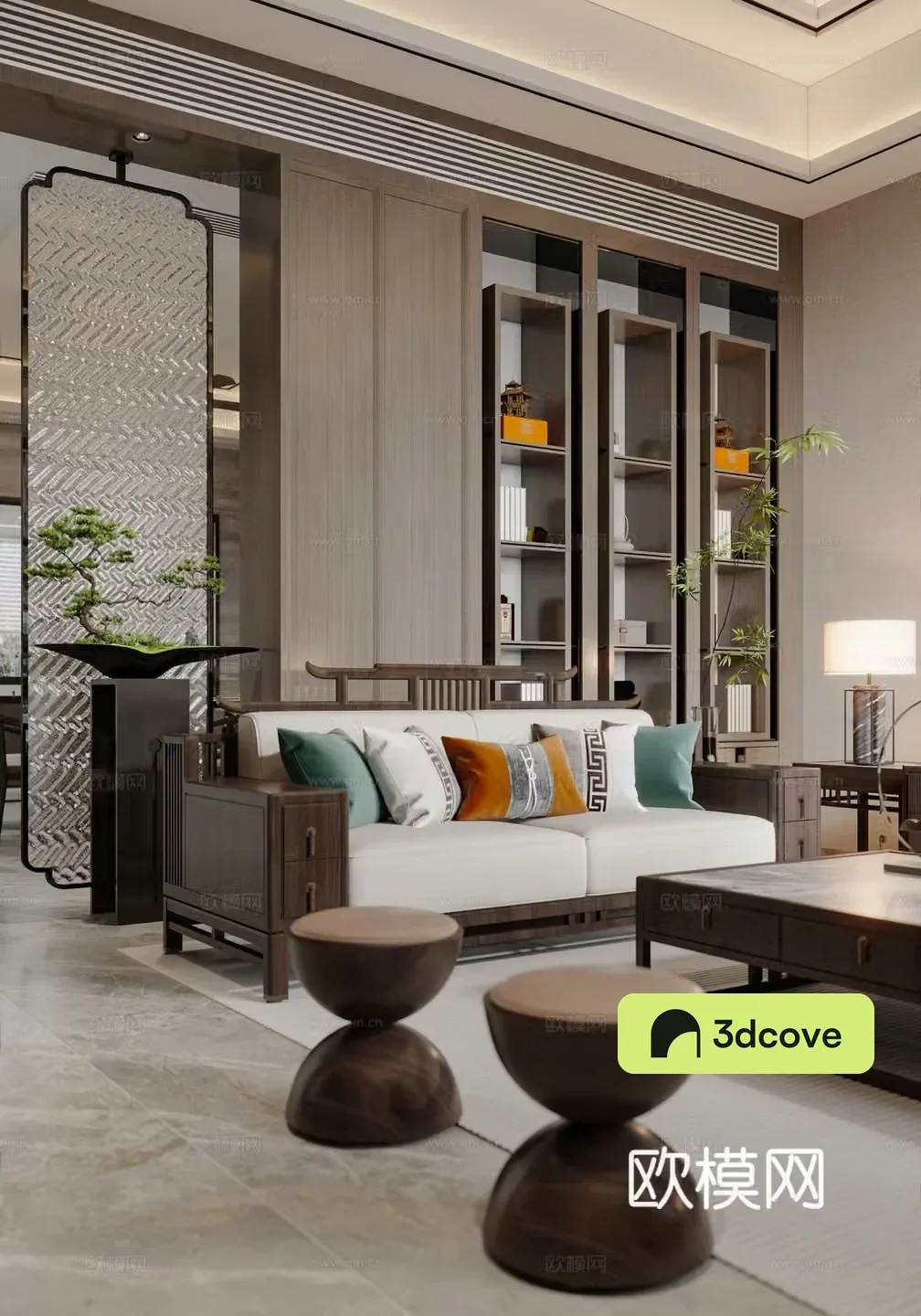 New Chinese style home living room sofa coffee table combination TV background wall sofa background wall end view platform