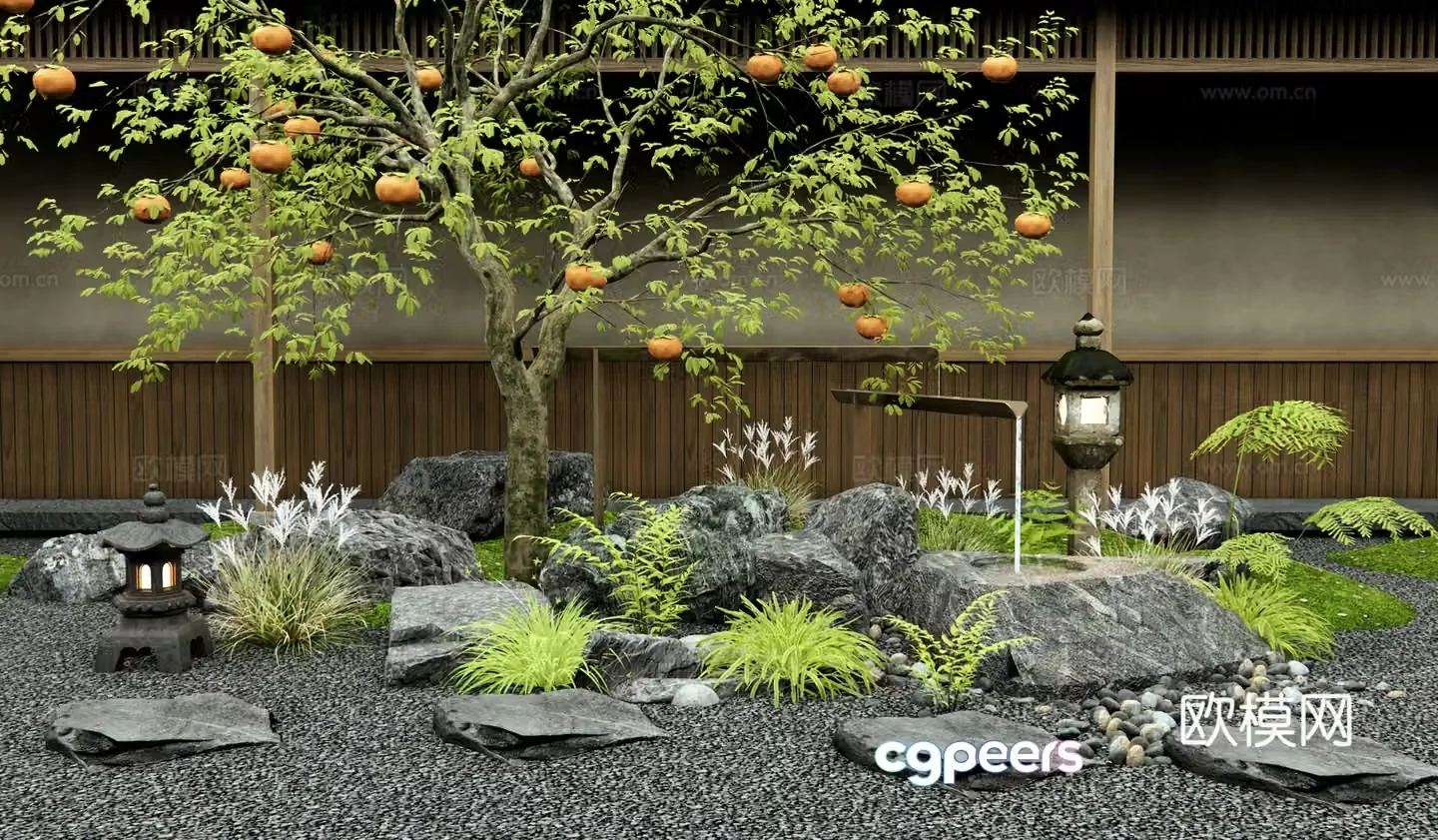Japanese style new Chinese style courtyard sketches Persimmon tree fruit tree water landscape stone flowing water bowl 3D model