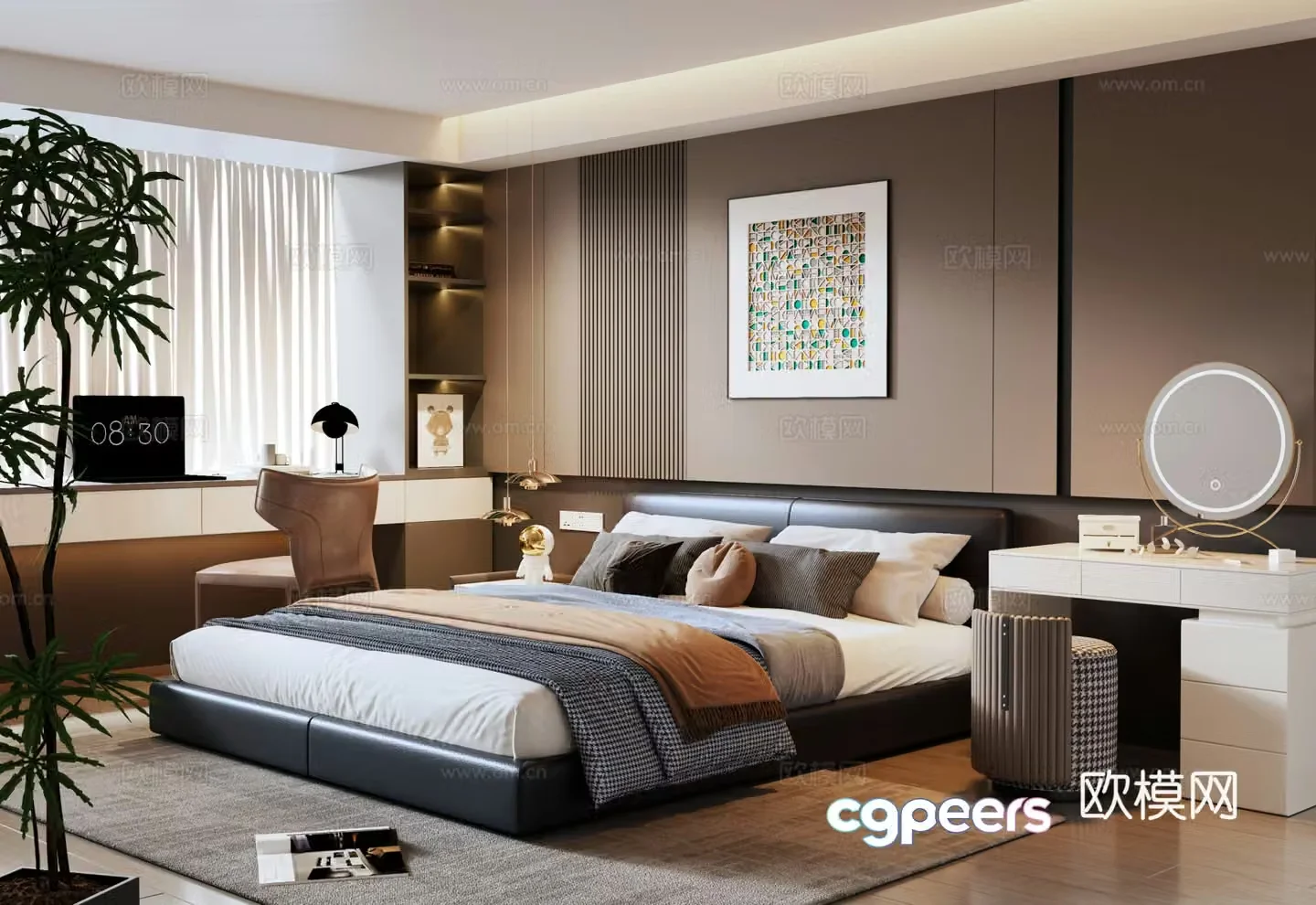 Modern Italian bedroom Italian background wall double bed leather bed makeup table balcony desk 3d model