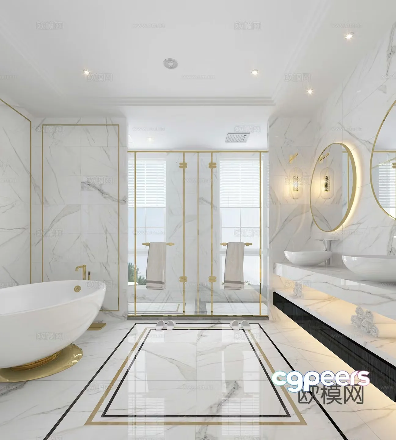 Classic white luxury bathroom dressing table bathtub shower room 3d model