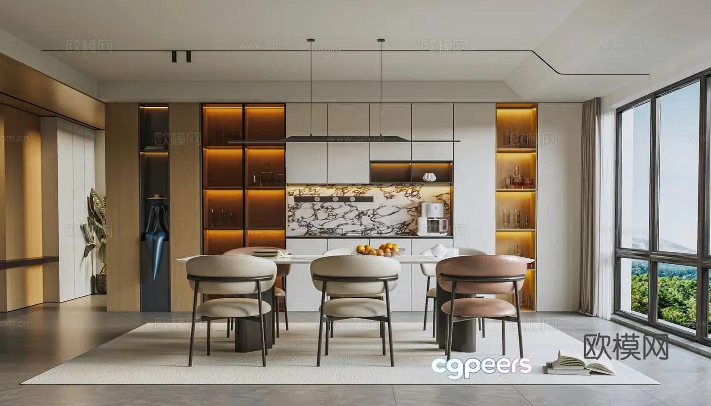 Modern Italian restaurant sideboard dining table and chair combination chandelier 3d model