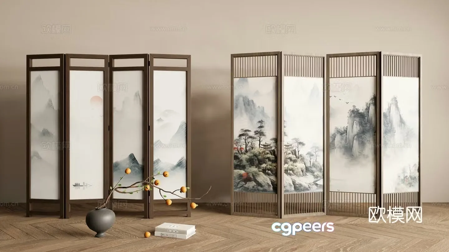 New Chinese style screen landscape painting screen entrance screen 3D model
