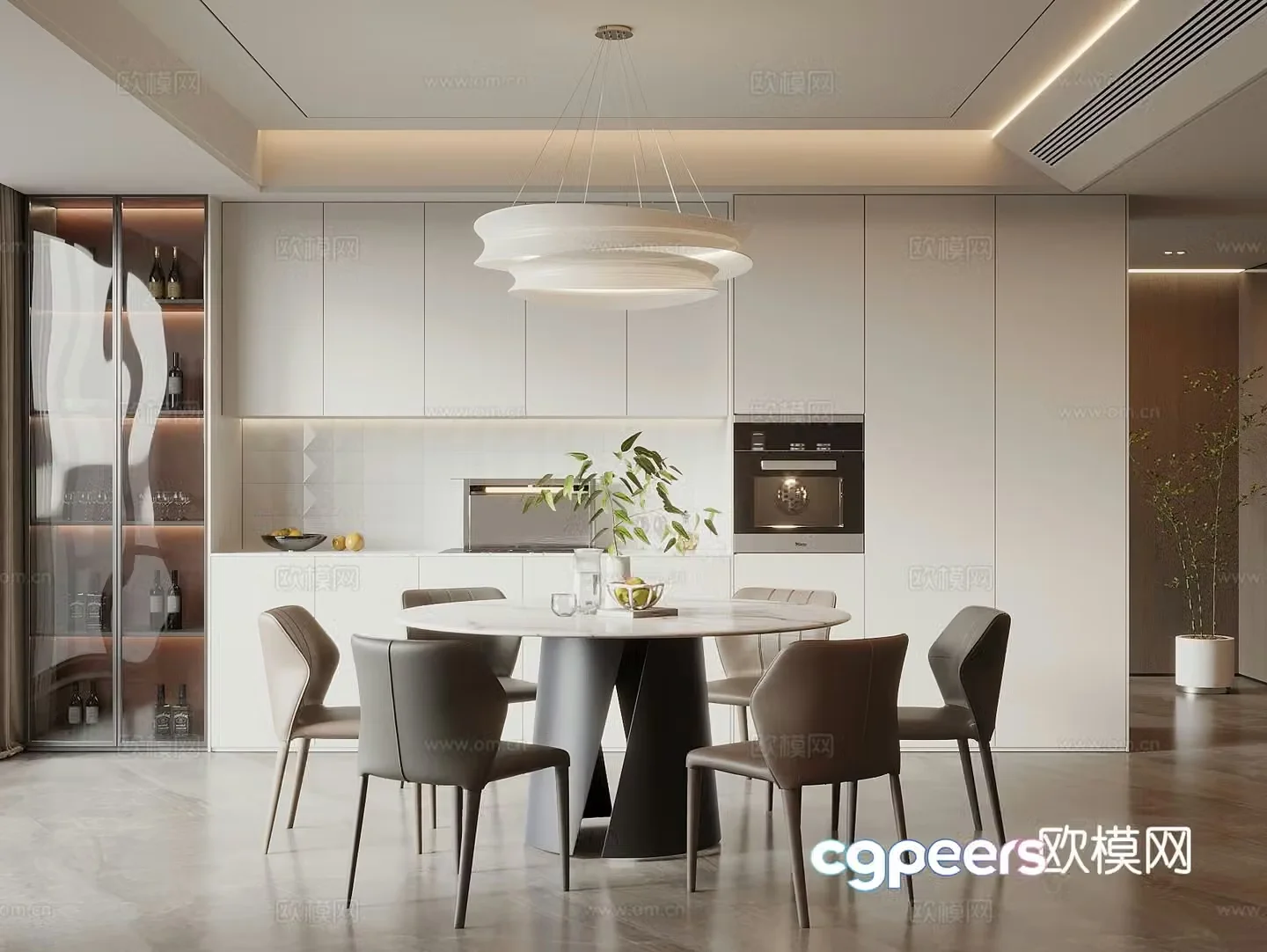 Modern cream style restaurant dining table and chair combination restaurant chandeliers wine cabinet sideboard 3D model