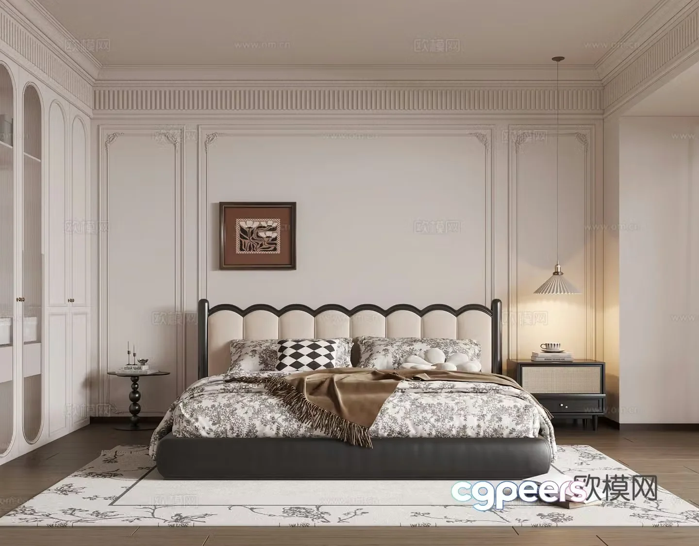French bedroom French double bed wardrobe chandelier hanging painting French bedside table carpet 3d model