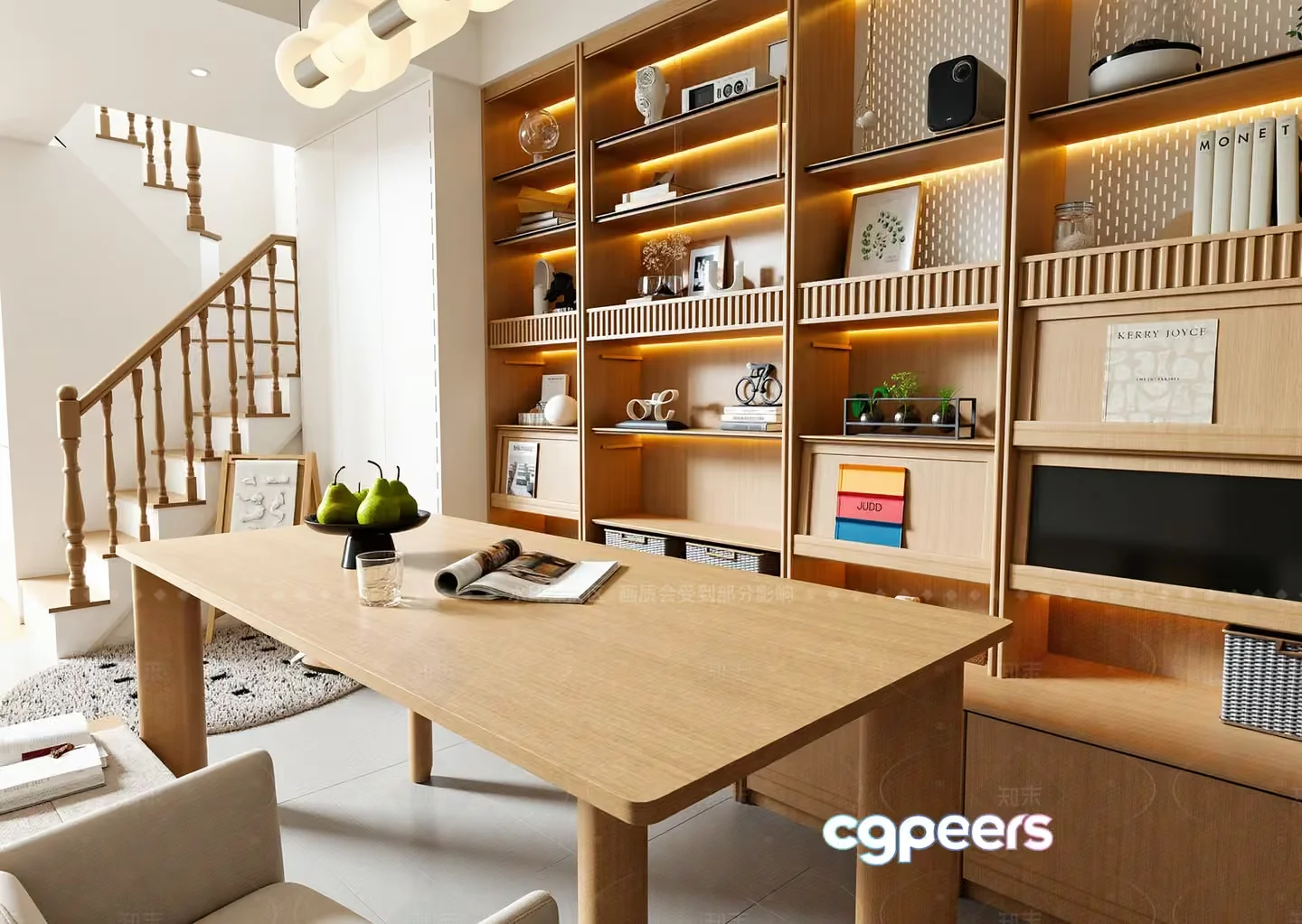 Light Wood Bookshelf 3D Model – 13757 – VRAY Render