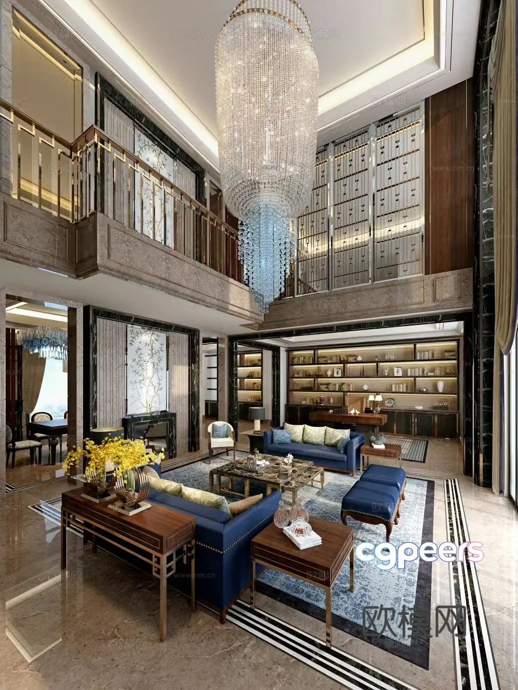 New Chinese style villa living room 3d model of villa lobby