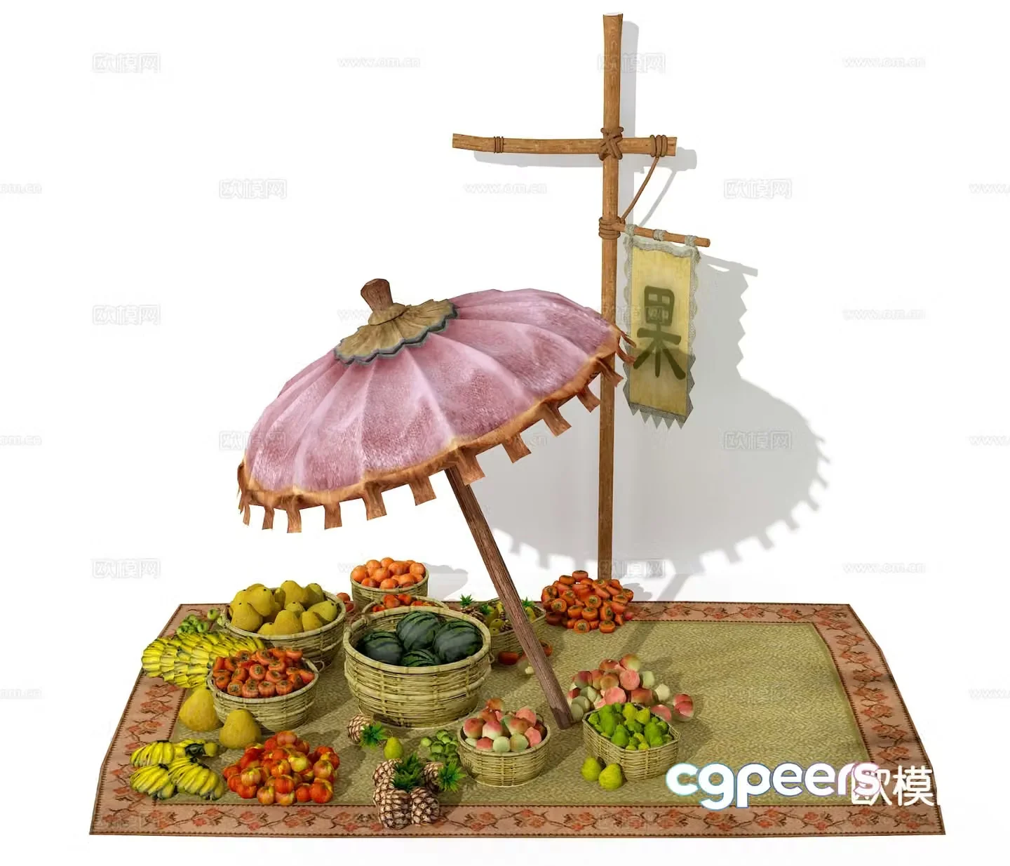 Fruit vending stall basket folk sketch 3D model