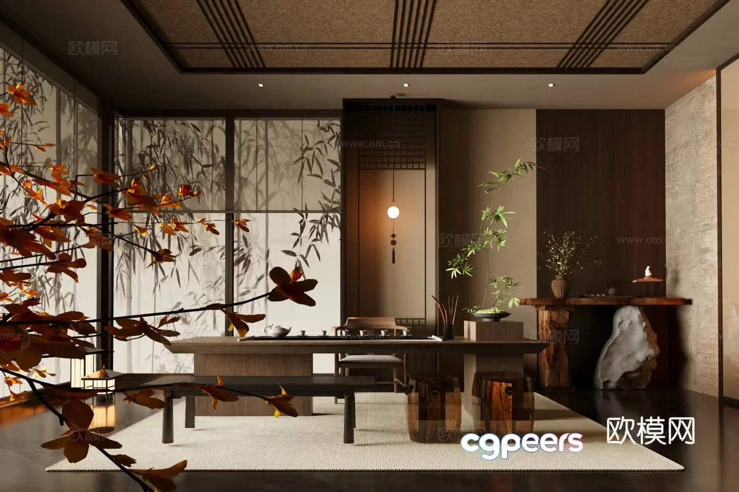 New Chinese style Zen tea room solid wood tea table and chair tea tasting area balcony tea room tea cabinet sideboard cabinet 3D model
