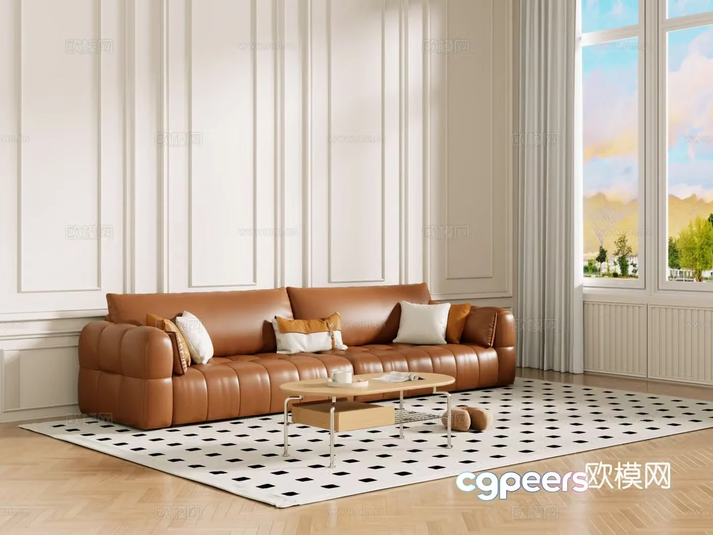Middle-aged sofa combination coffee table carpet multi-person sofa 3D model