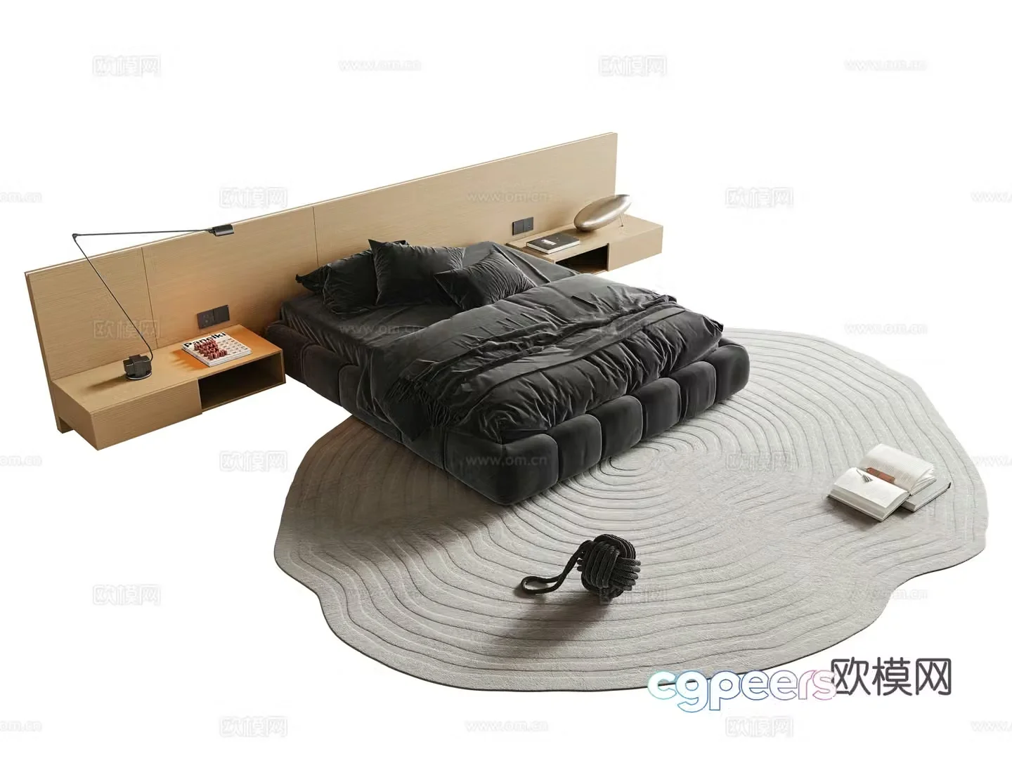 Modern minimalist double bed fabric double bed master bedroom double bed bed head back panel hanging bedside table 3D model