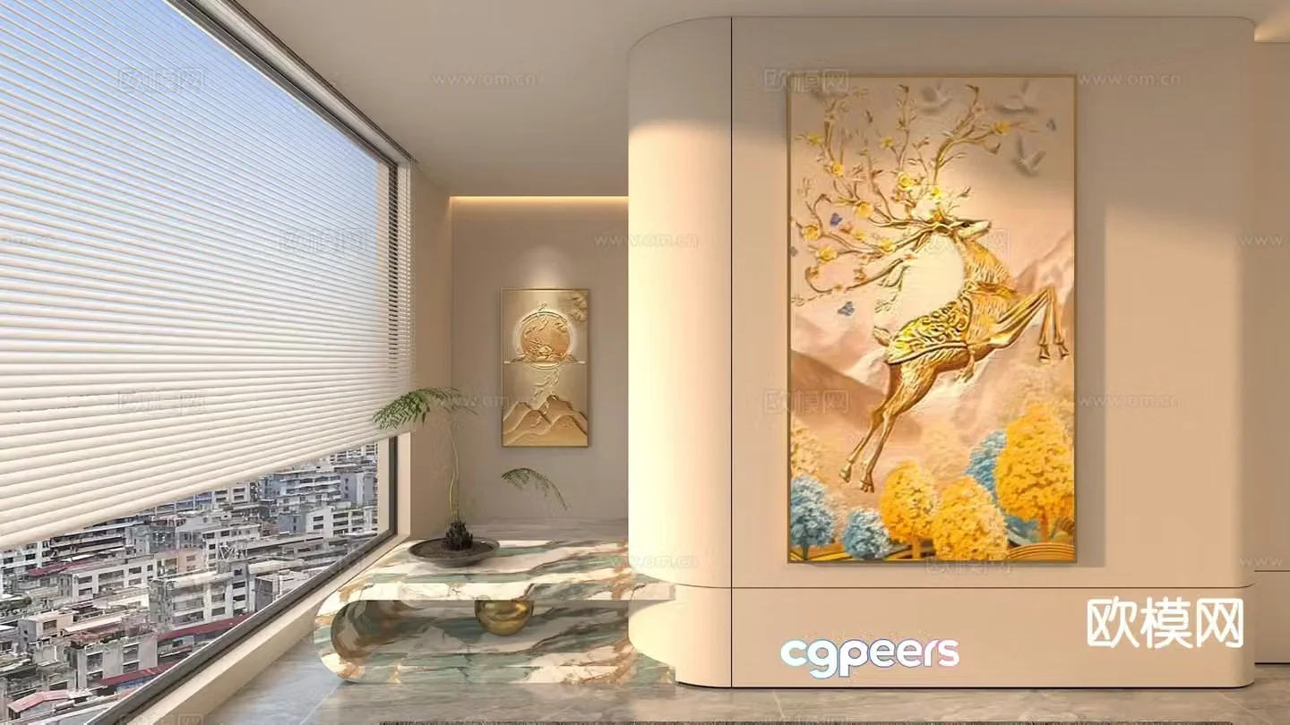 Modern entrance hall painting golden deer sending wealth hanging painting decorative painting 3D model