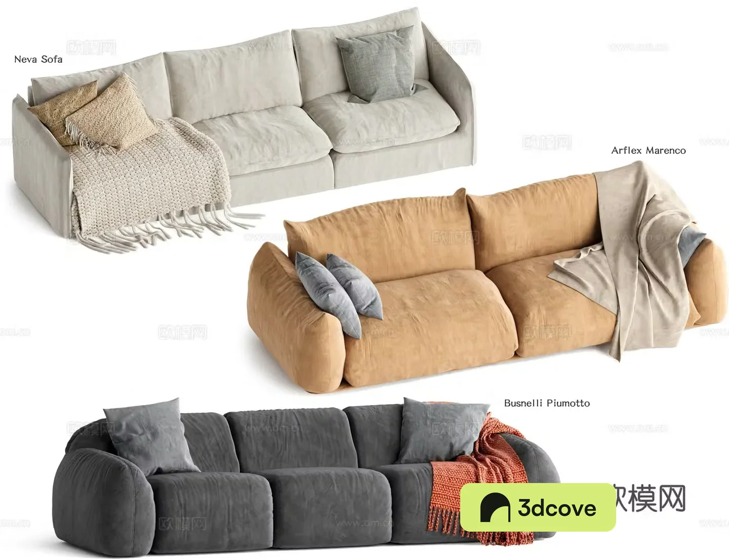 French three-seat sofa tofu block sofa