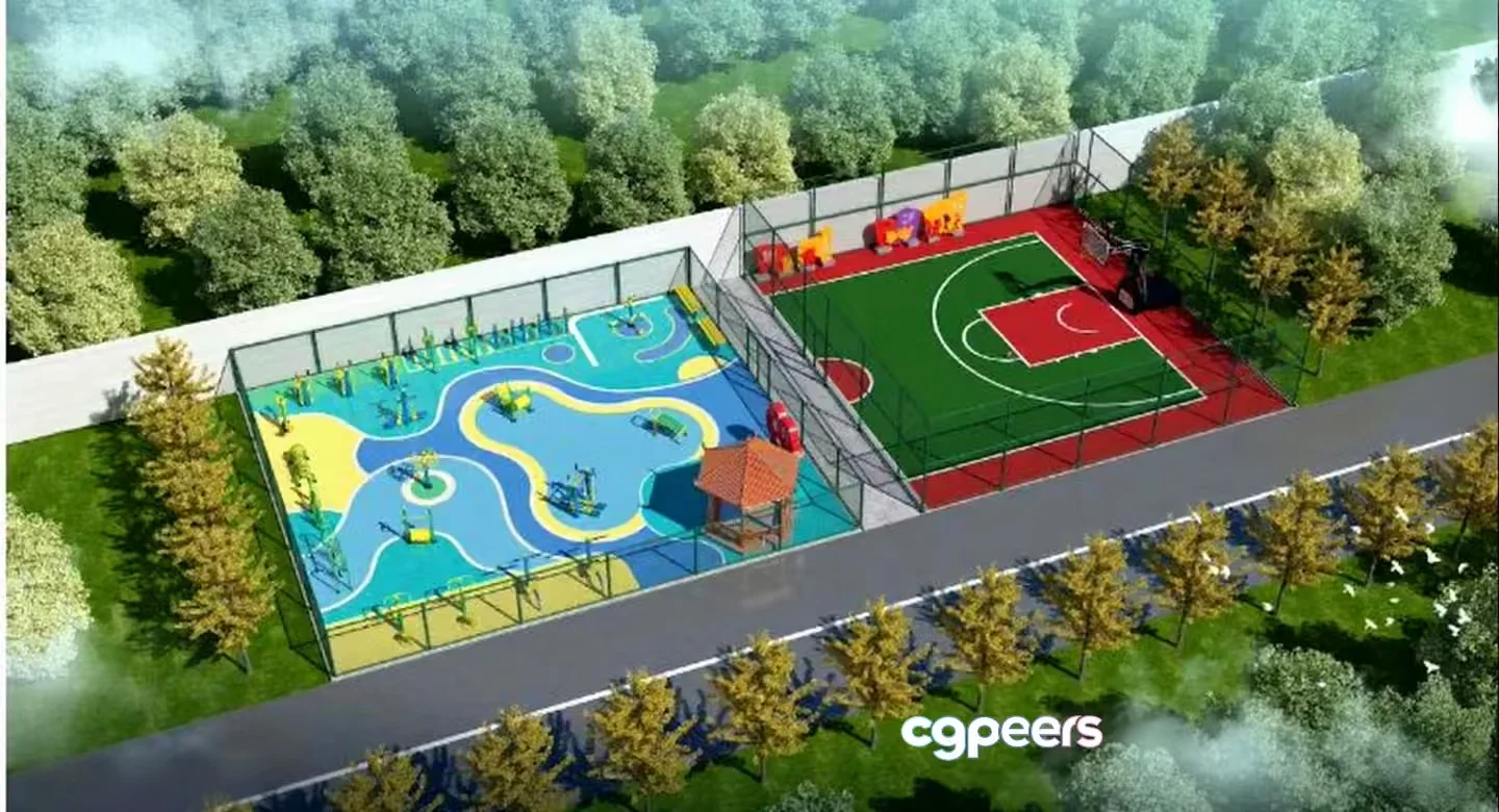 A Playground With A Basketball Court 3D Model – 10710 – VRAY Render
