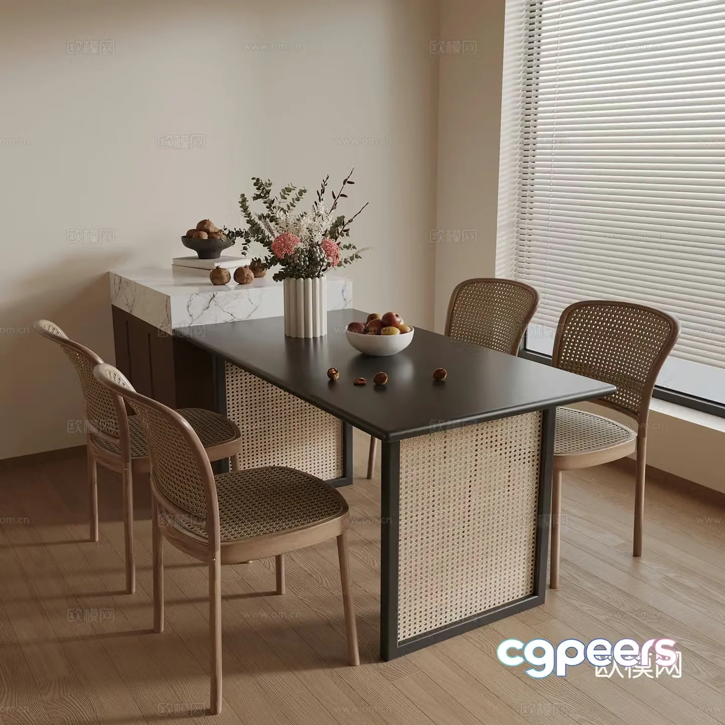 Middle style dining table and chairs decorative 3D model