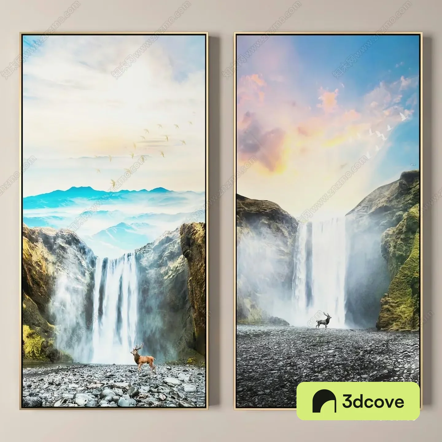 Two Large Framed Pictures Of A Waterfall And Mountains