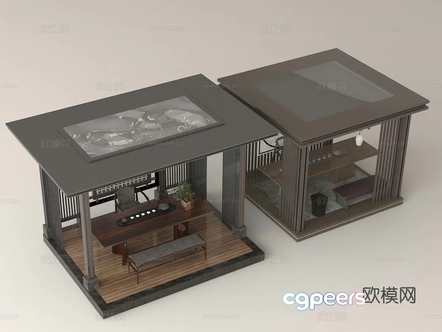 Outdoor leisure space New Chinese-style tea room Zen tea house Ancient style building Wooden tea table 3D model