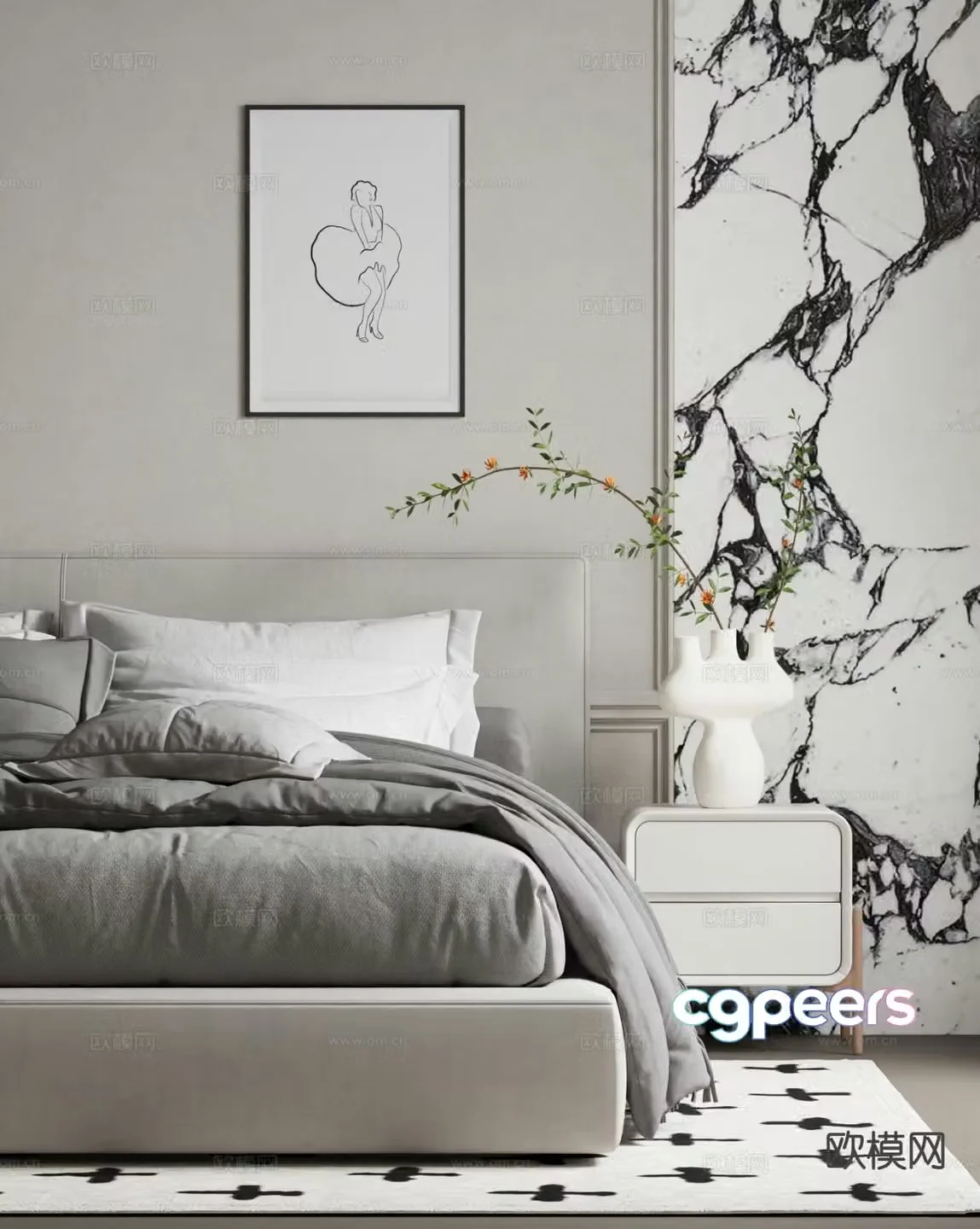 Modern bedside table realistic bedding 3d model