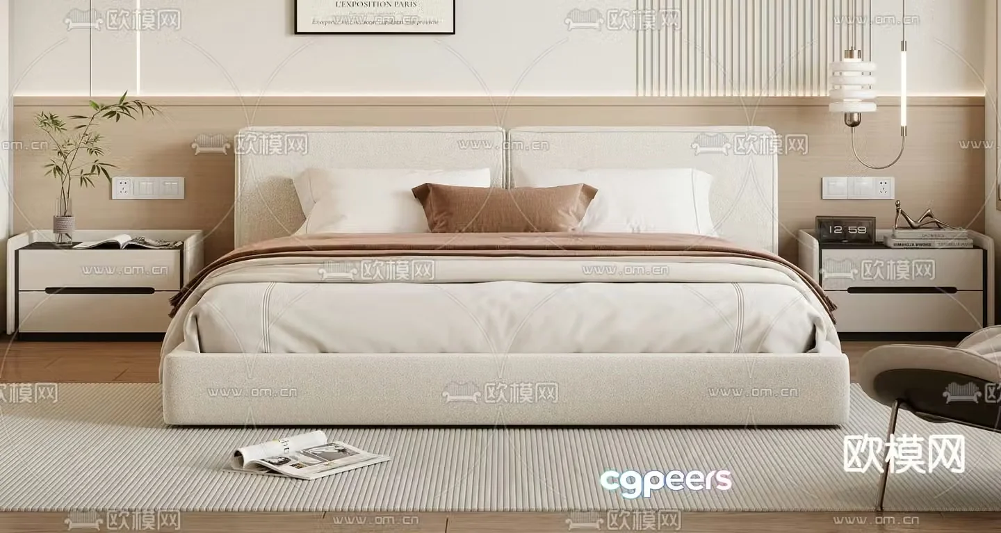 Cream style double bed 3d model