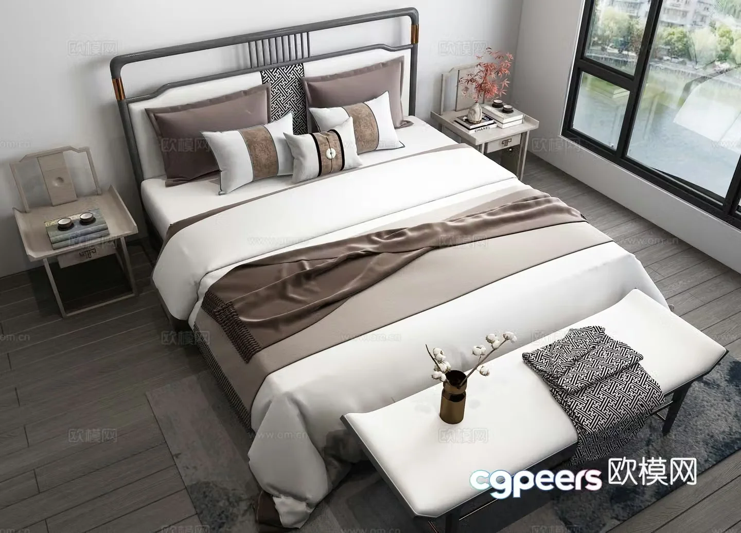New Chinese style double bed bedside table 3d model