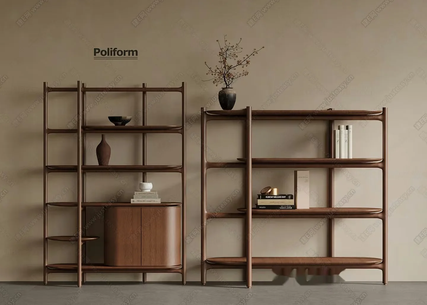 A Bookshelf With Books And Vases On It 3D Model – 12196 – VRAY Render