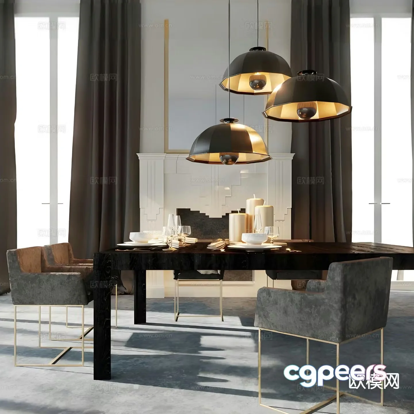 Modern long dining table and chairs 3d model