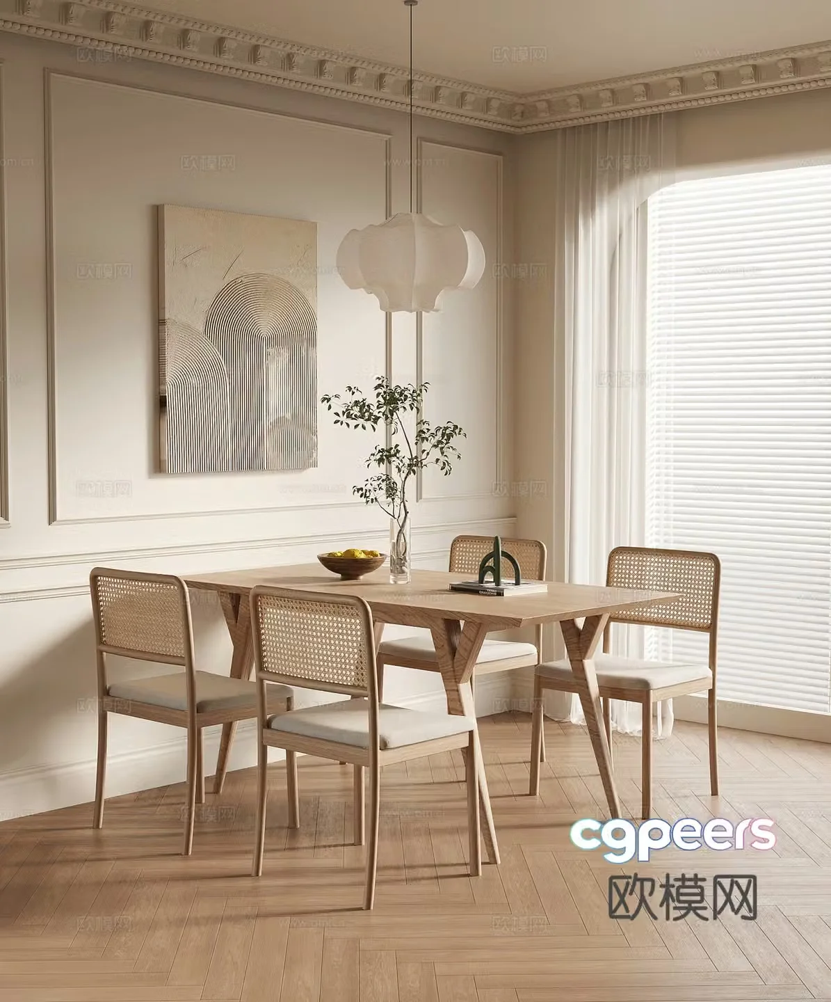 French cream style restaurant dining table and chair combination 3D model