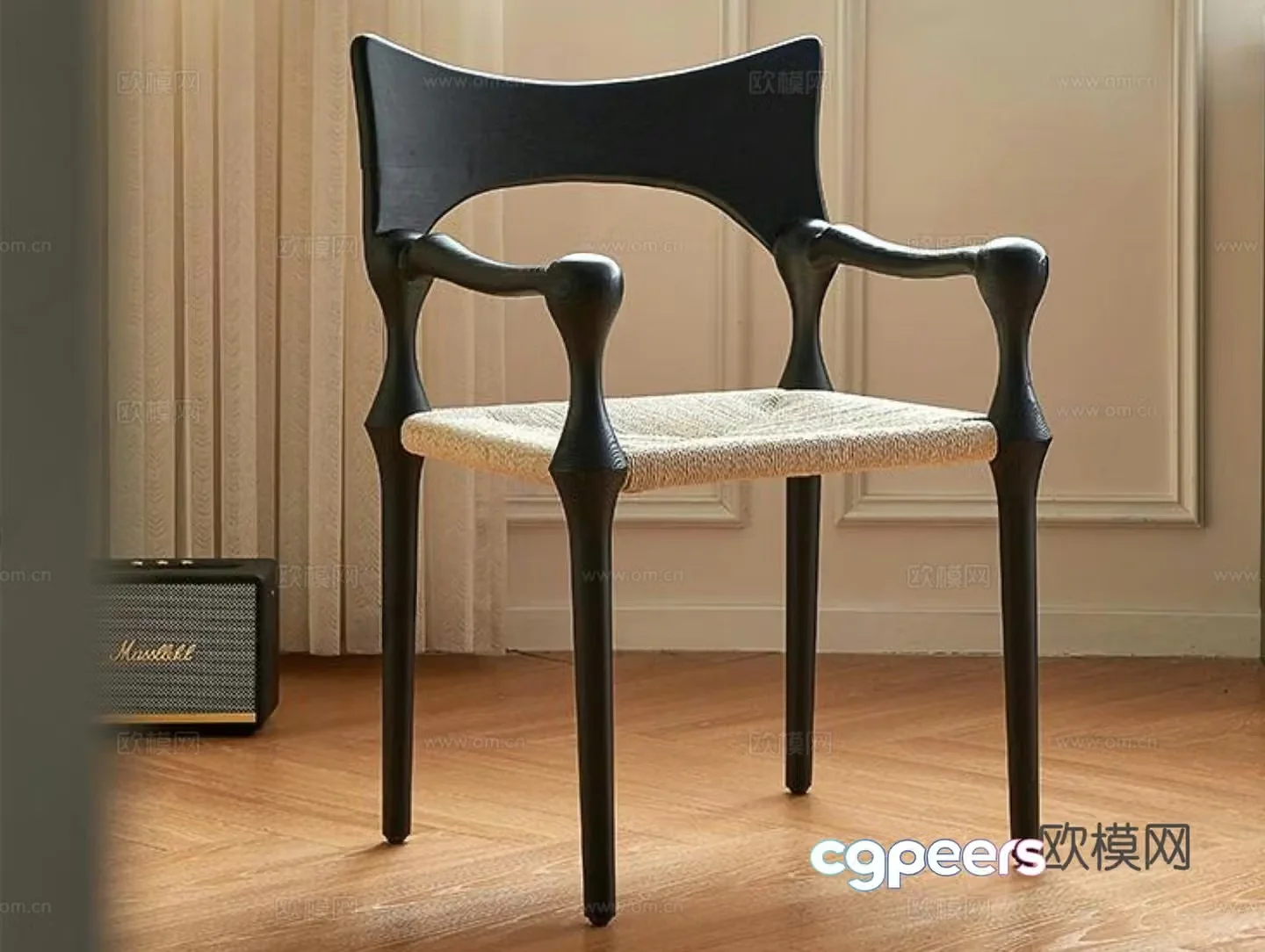 French medieval dining chair wooden chair rattan chair armchair 3d model