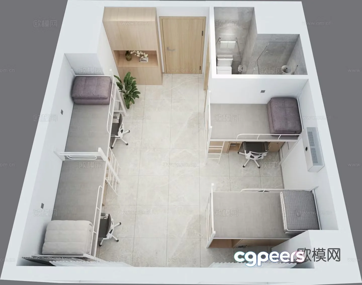Aerial view 3d model of student dormitory