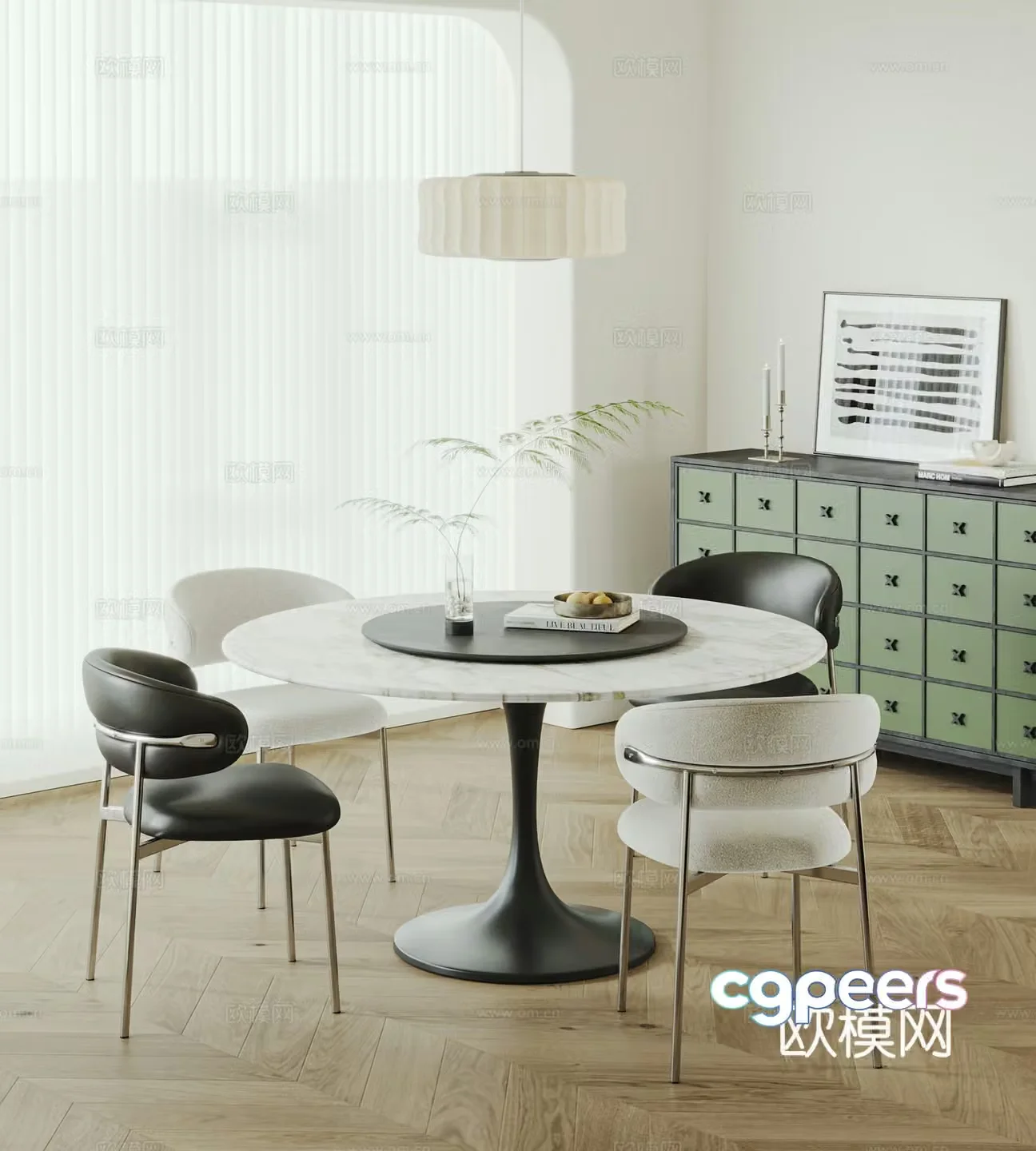 Modern cream style dining table and chairs Tulip dining table leather dining chair single chair side cabinet chandeliers 3d model
