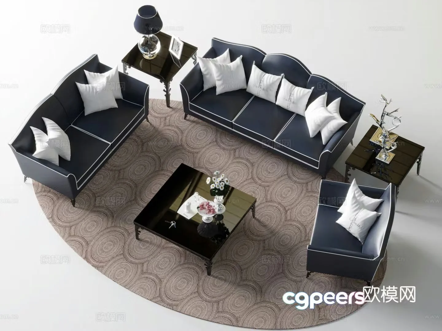 American sofa coffee table combination table lamp floral ornament 3D model