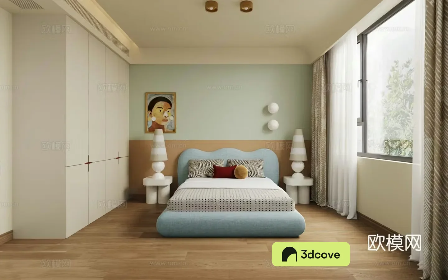 Modern boy room double bed nightstand bedside background wall wardrobe wooden floor curtain