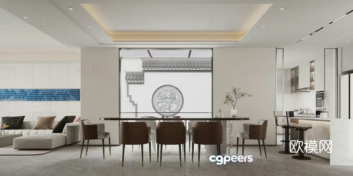 Modern light luxury living and restaurant bar 3D model