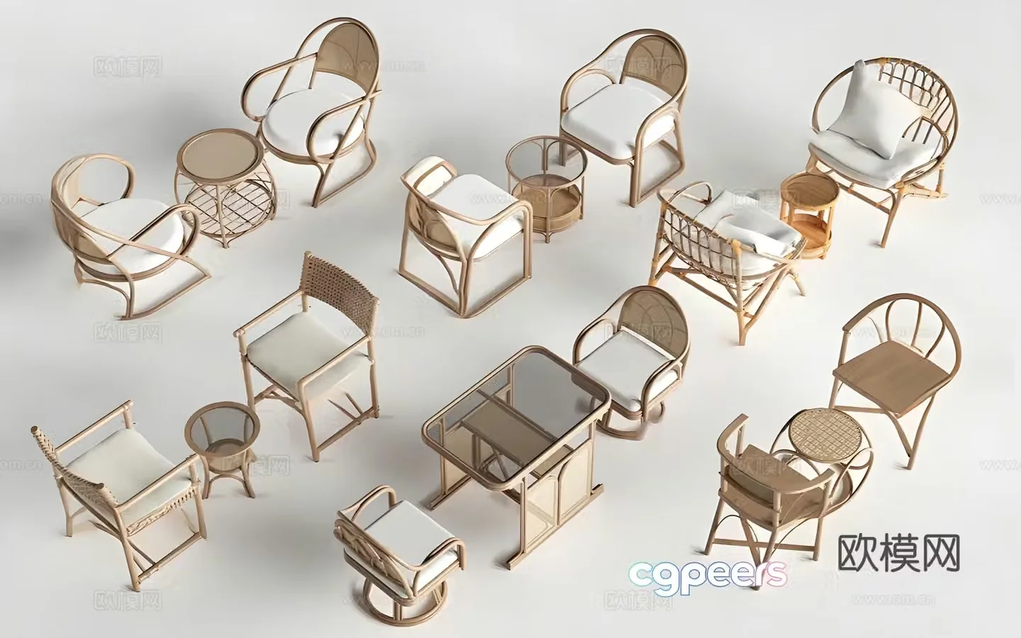 Nordic rattan outdoor leisure table and chair 3D model