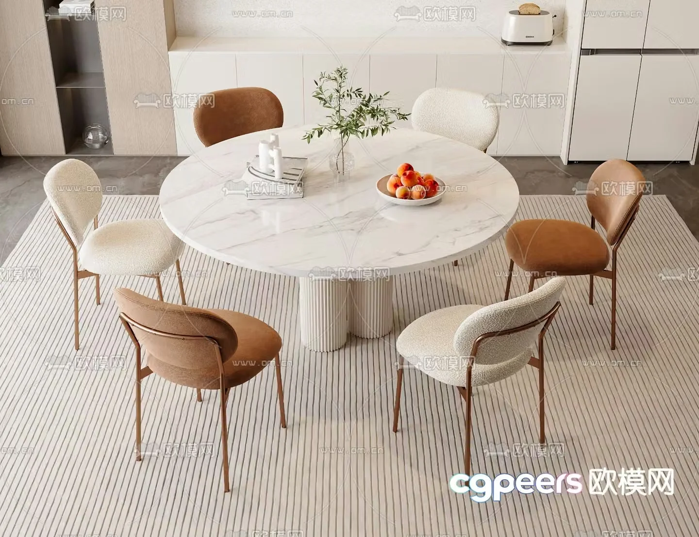 Cream style dining table and chairs round dining table 3d model