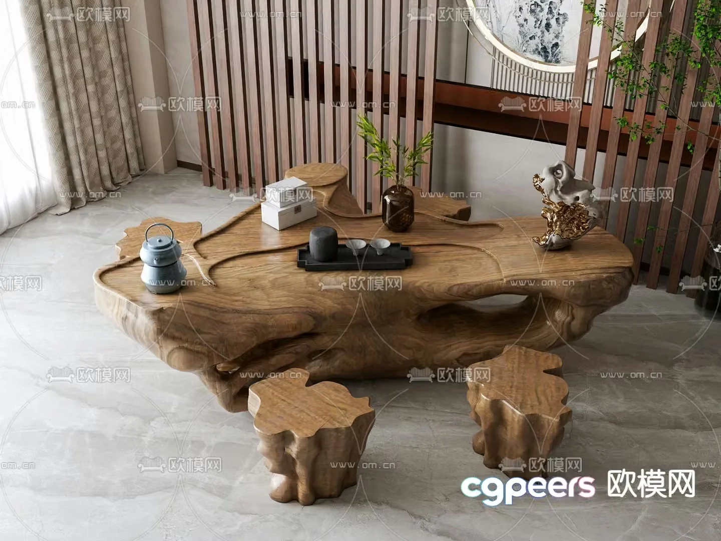 New Chinese style tea table tea stool 3d model