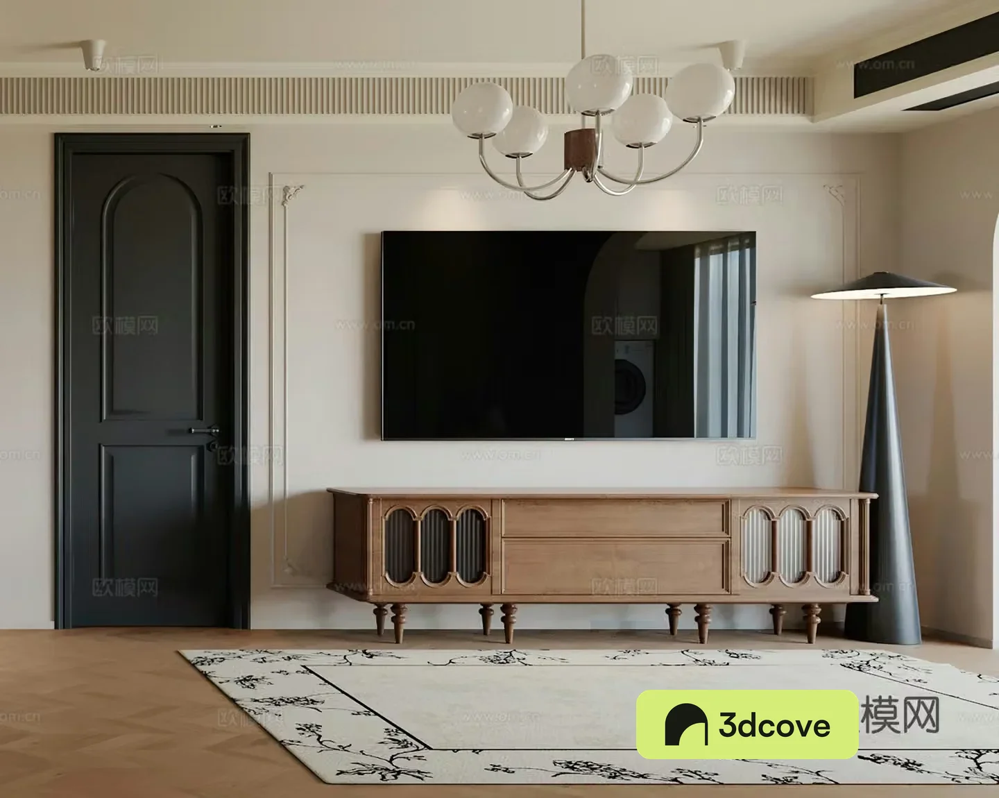Middle style TV cabinet French TV cabinet TV background wall living room chandelier floor lamp 3d model