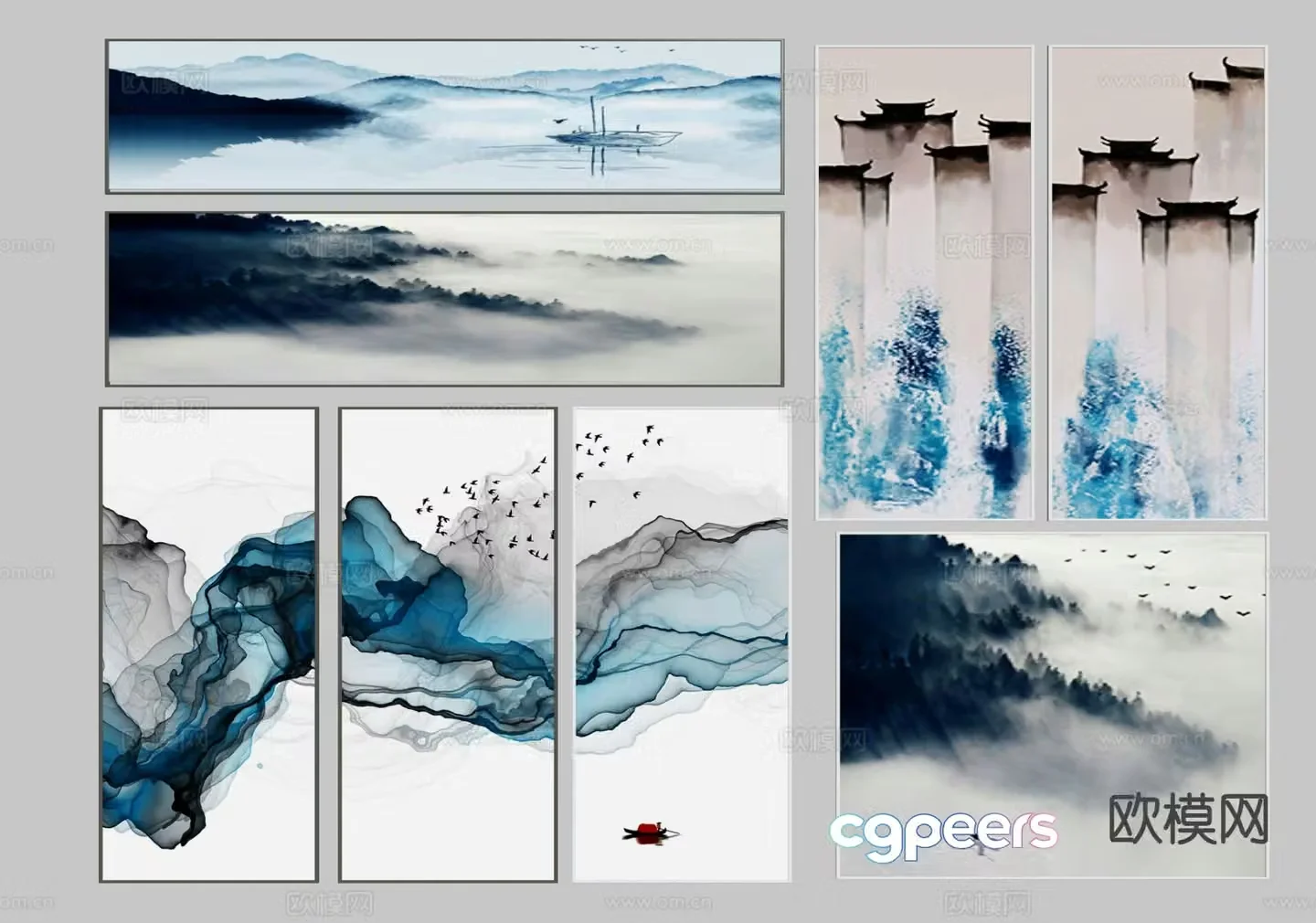 New Chinese style ink hanging painting landscape painting 3D model