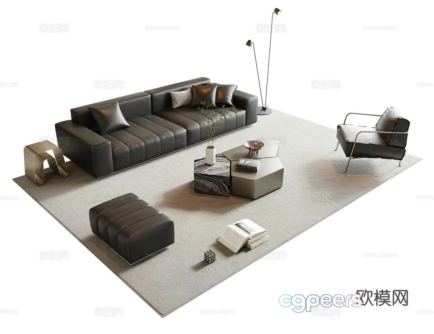 Italian sofa coffee table combination sofa leather multi-person sofa straight-row sofa metal coffee table 3D model